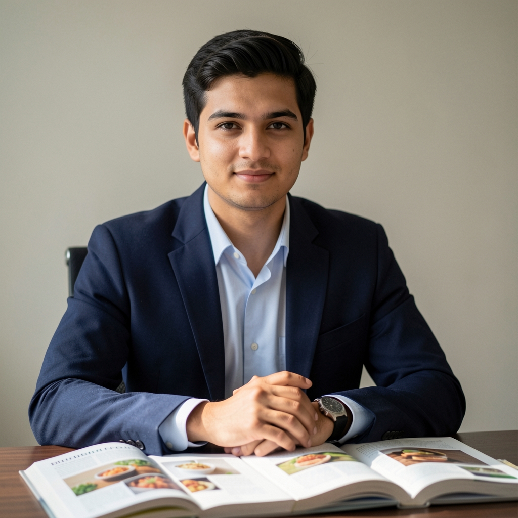 Portrait of Tobias Ashcroft at a desk with open books on food research, photographed in soft side-lighting against a plain wall