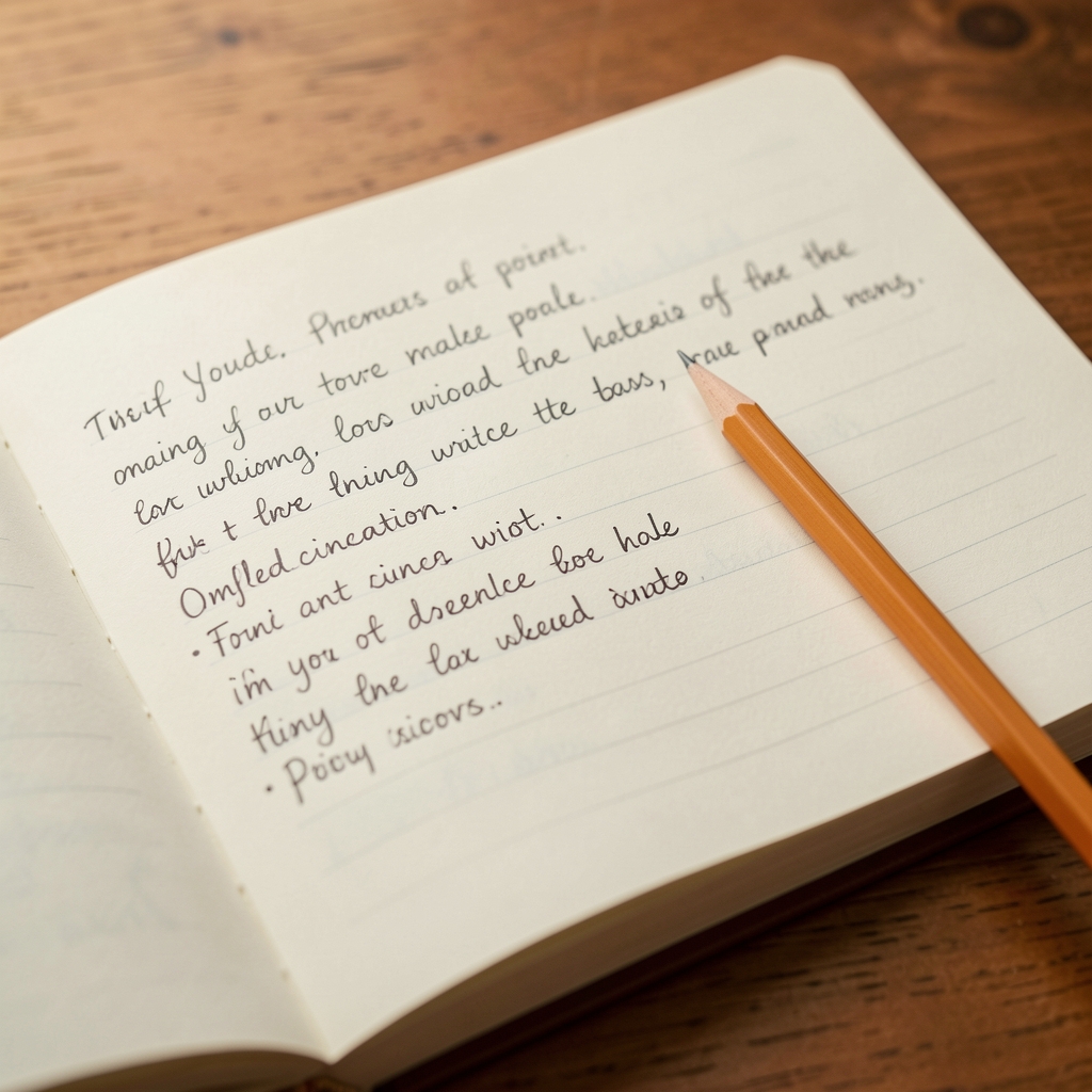 Close view of an open notebook with handwritten observations and a pencil resting on the page, on a warm wooden surface