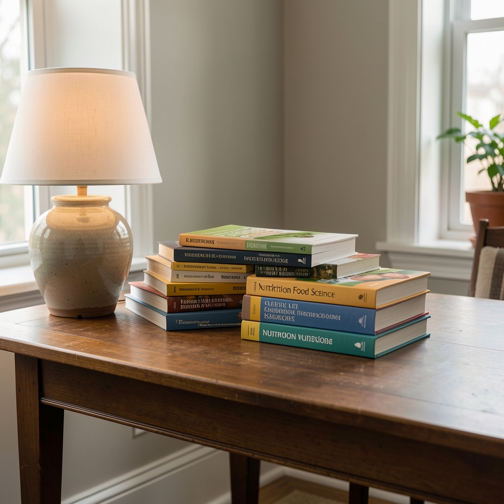 A quiet reading table in a well-lit room with stacked reference volumes on nutrition and food science, a ceramic lamp to one side