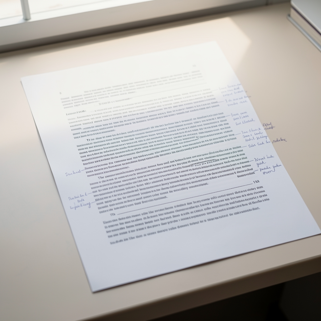 Printed pages of a draft article spread across a light desk with editorial margin notes written in pencil, soft natural light from the left