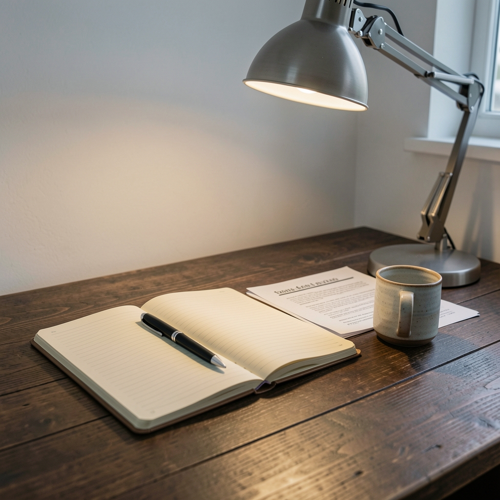 Editorial workspace with open notebook, pen, printed research notes and a small ceramic cup on a dark wooden desk under a focused desk lamp